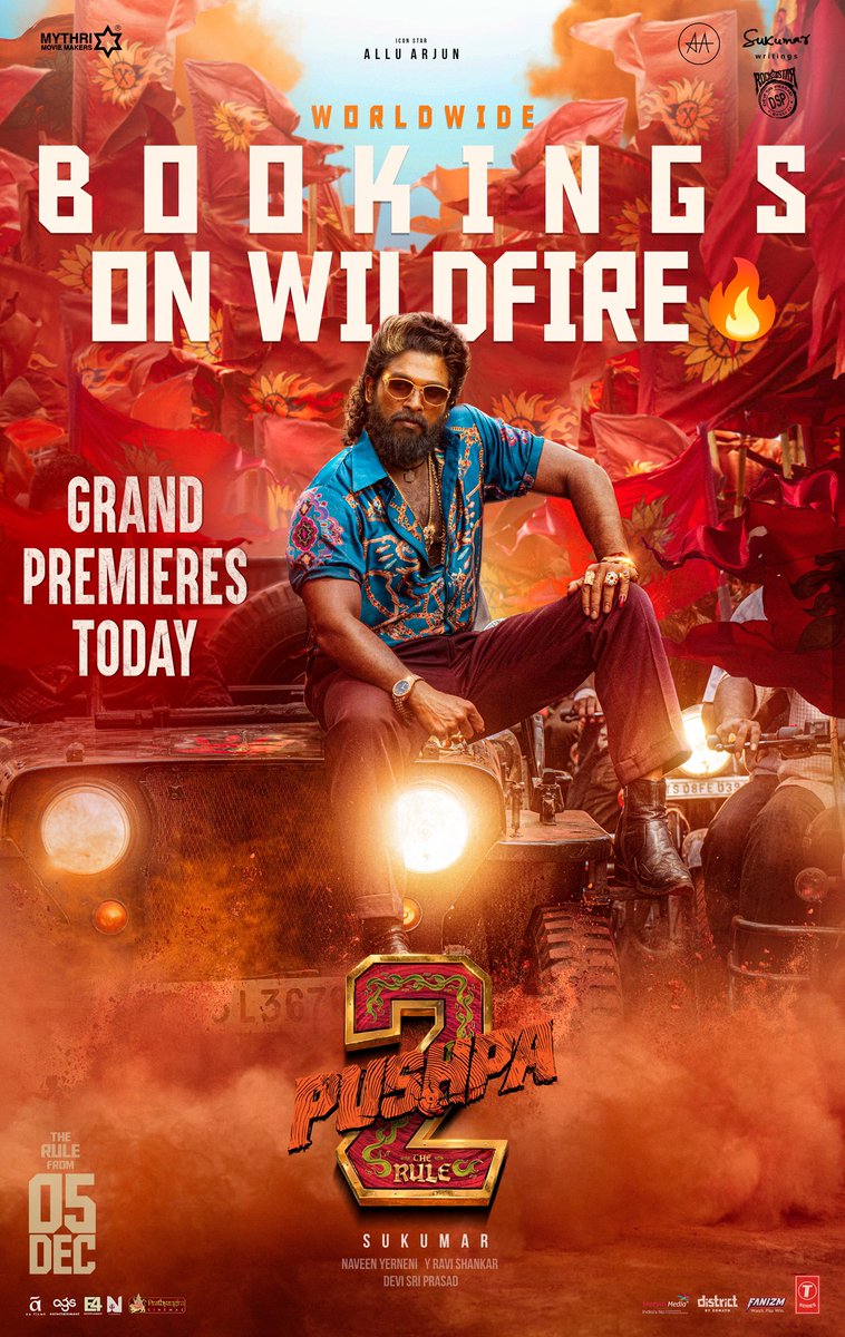 PushpaMovie's tweet photo. #Pushpa2TheRule WORLDWIDE BOOKINGS ON WILDFIRE ❤️‍🔥

The BIGGEST INDIAN FILM is a global box office sensation 💥💥

Book your tickets today for a WILDFIRE EXPERIENCE in cinemas 🔥

🎟️ https://t.co/lLjACAk5Be

#Pushpa2TheRuleOnDec5th

Icon Star @alluarjun @iamRashmika @aryasukku #FahadhFaasil @ThisIsDSP @resulp @NavinNooli @SukumarWritings @MythriOfficial @AAFilmsIndia @Ags_production @E4Emovies @NCinemasbly @MythriRelease @TSeries @Fanizm_Official @lifeindistrict @shreyasgroup