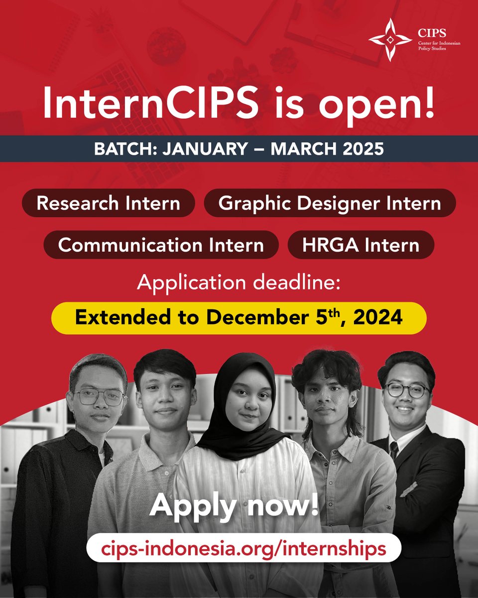 cips_id's tweet photo. 🌟 Calling all ambitious go-getters aged 18-25! 🌟
Are you ready to dive into the world of think tanks with CIPS? If you're a final year student or recent grad with a knack for creativity and initiative, this one's for you! 🚀
The new batch of #InternCIPS is now open! 🌍✨
We’re on the hunt for candidates who:
🎓 Are passionate about public policy, graphic design, or HR & general affairs
🗣️ Fluent in English (both spoken and written)
💼 Fully committed to the program & can work from our office twice a week
Here’s what you’ll get:
Real-life work experience in a dynamic environment
Hybrid working setup
Monthly allowance
A certificate & detailed report at the end of your internship
Ready to make an impact? Join us at #InternCIPS! 🔗: https://t.co/Yd43sPRe0Y
Only shortlisted candidates will be contacted via email.
#MagangJakarta #MagangNGO #LokerPelajar #LokerMahasiswa #InternshipJakarta