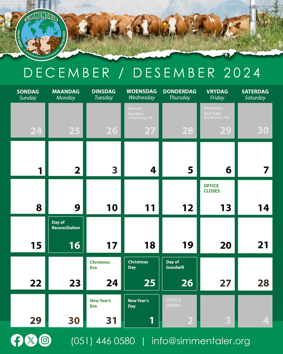 SimmentalerZA's tweet photo. We're in the final stretch of 2024! Please note that the #Simmentaler office will close on Friday, 13 December and we'll be back on 2 January 2025. 📅 Let’s finish the year strong - keep going, stay focused, and make every moment count! 💪🌿🐮✨ https://t.co/62QlwRQyVW