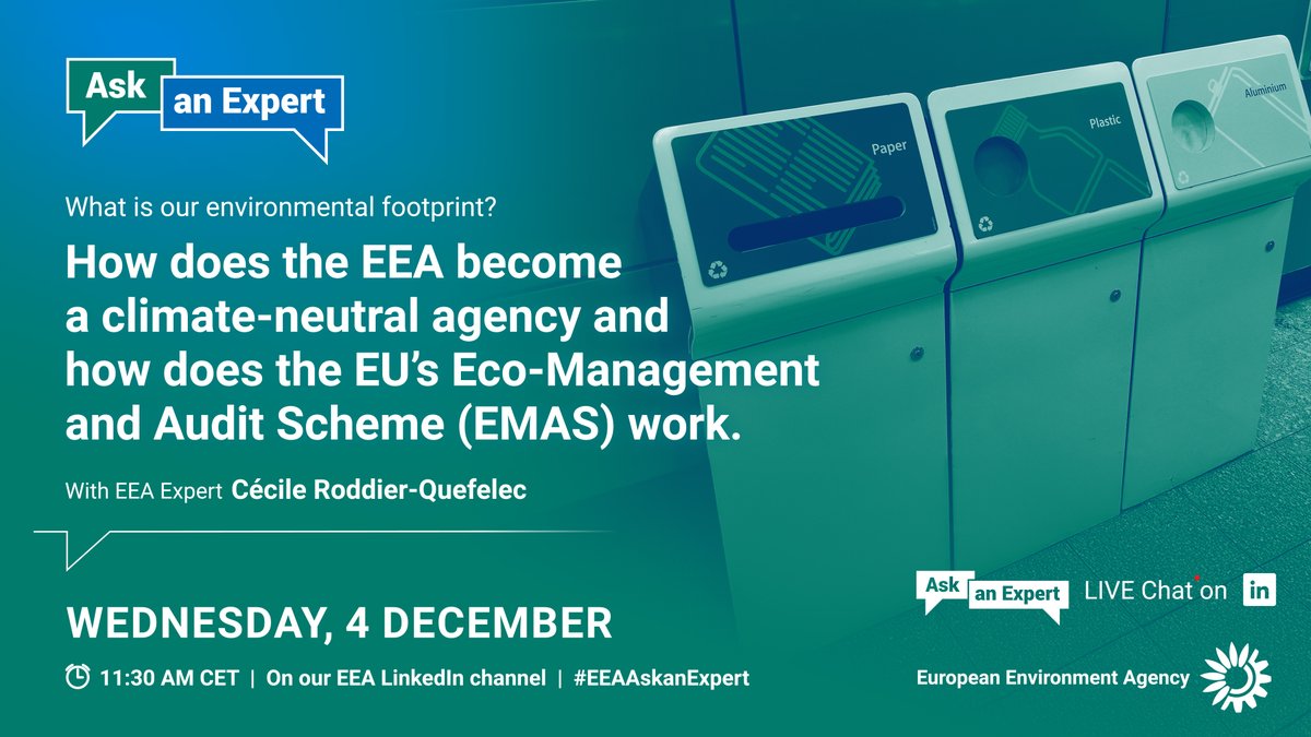 EUEnvironment's tweet image. How do we lower our #environmentalfootprint at work? 
Find out what we at the European Environment Agency are doing during our next #EEAAskanExpert 🎙️later this morning. Join us if you can!
🔴the livestream will take place on our EEA LinkedIn page:
linkedin.com/company/europe…