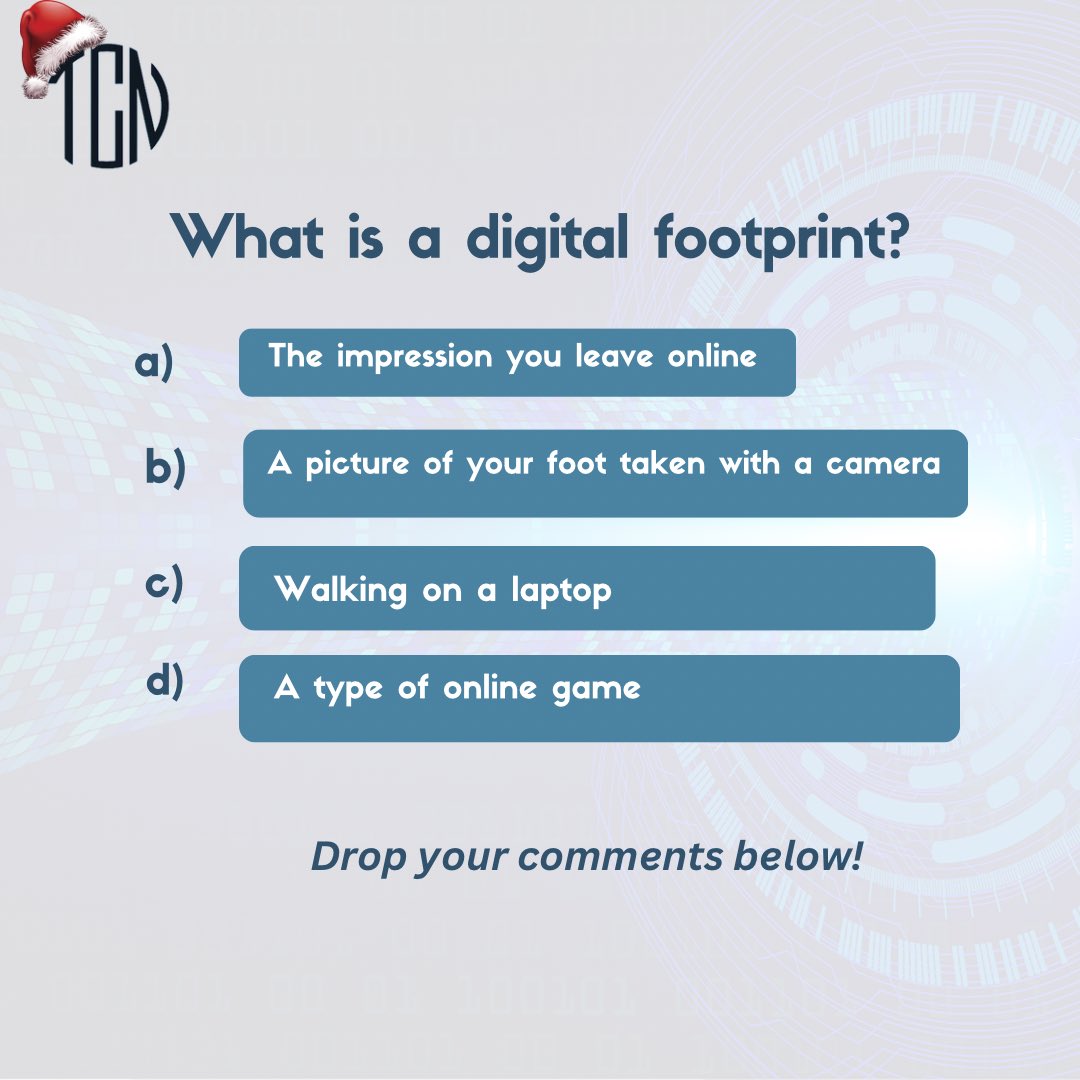 TheCyberNectar's tweet photo. What is digital footprint ??🤔

#quiz #games #cybersecurity #cyberwednesday https://t.co/8KJ8W5LQHX