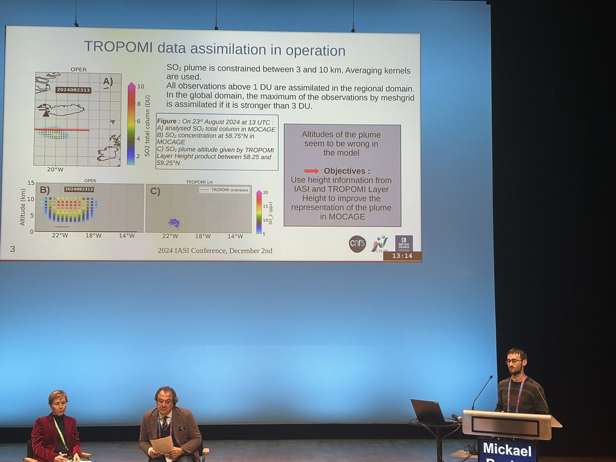 vincentguidard's tweet photo. @BaclesMickael presents his PhD work on the assimilation of satellite observation to characterise the volcanic SO2 plumes in the atmospheric composition model #MOCAGE #CNRM @meteofrance at the IASI conference @CNES @eumetsat in Nancy. https://t.co/AcpuKMPmr4