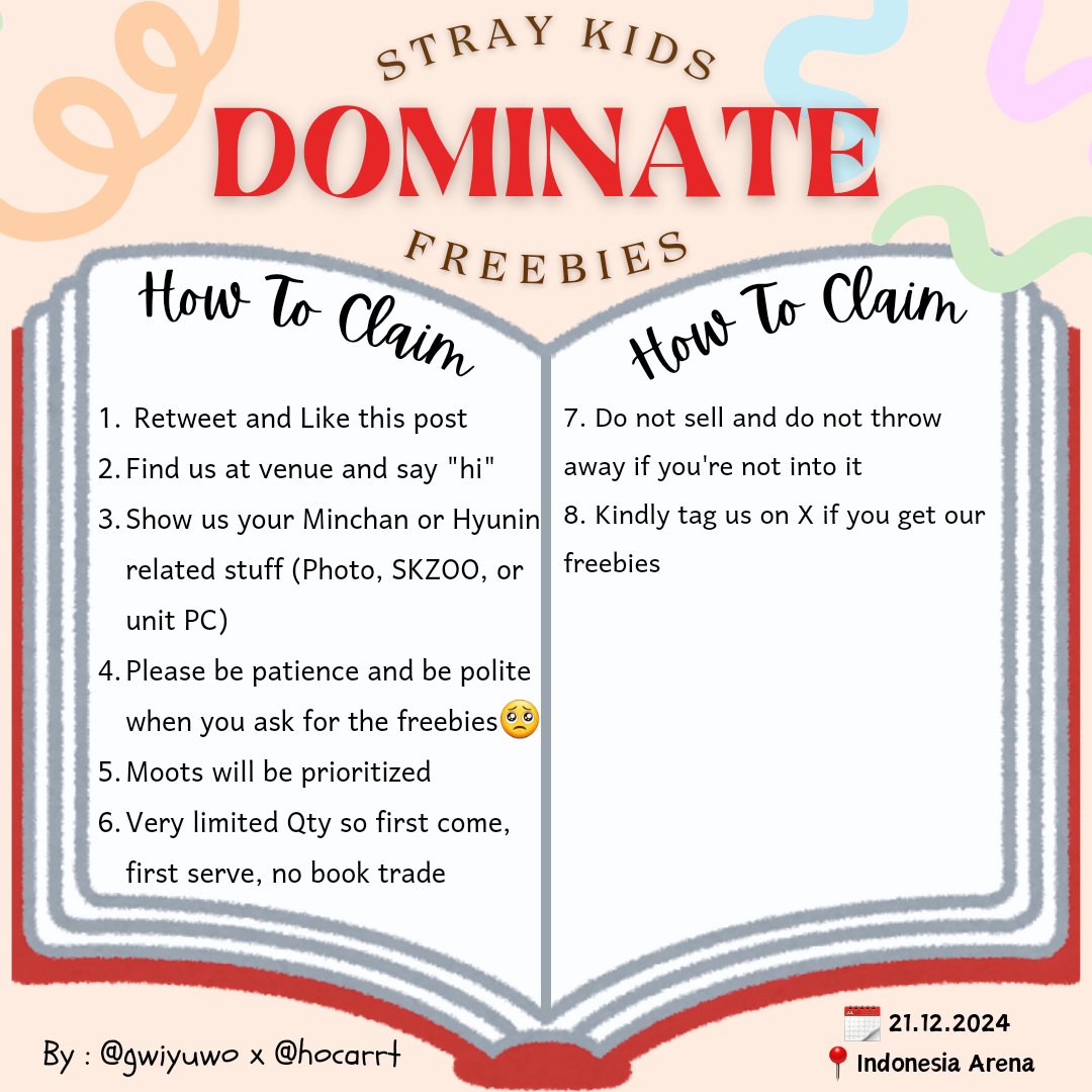 [Retweet and Like are appreciated]

✷ Calling out for Minchan and Hyunin Lovers ᯓᡣ𐭩

˗ˋˏ ♡ Freebies support for #DominATE_JAKARTA by <a href="/gwiyuwo/">ᵏᵉᵏᵉᵗ🐛🩷</a> x <a href="/hocarrt/">Olin🩰 — k/ia</a> ♡  ˎˊ˗

📍Indonesia Arena
🗓  Saturday, 21 Dec 2024
(Exact Place and Time TBA)

See you there💃

#StrayKids #dominATE