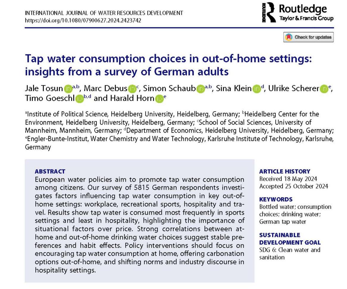 DebusMarc's tweet photo. Interested in why Germans rarely drink tap water despite its high quality? Our study in the @WRDwatermatters investigates factors influencing tap water consumption in key out-of-home settings.  https://t.co/wgMF2j9z5H @SimonSchaub5 @jale_tosun @SinaAKlein https://t.co/eaRTBZwXeM