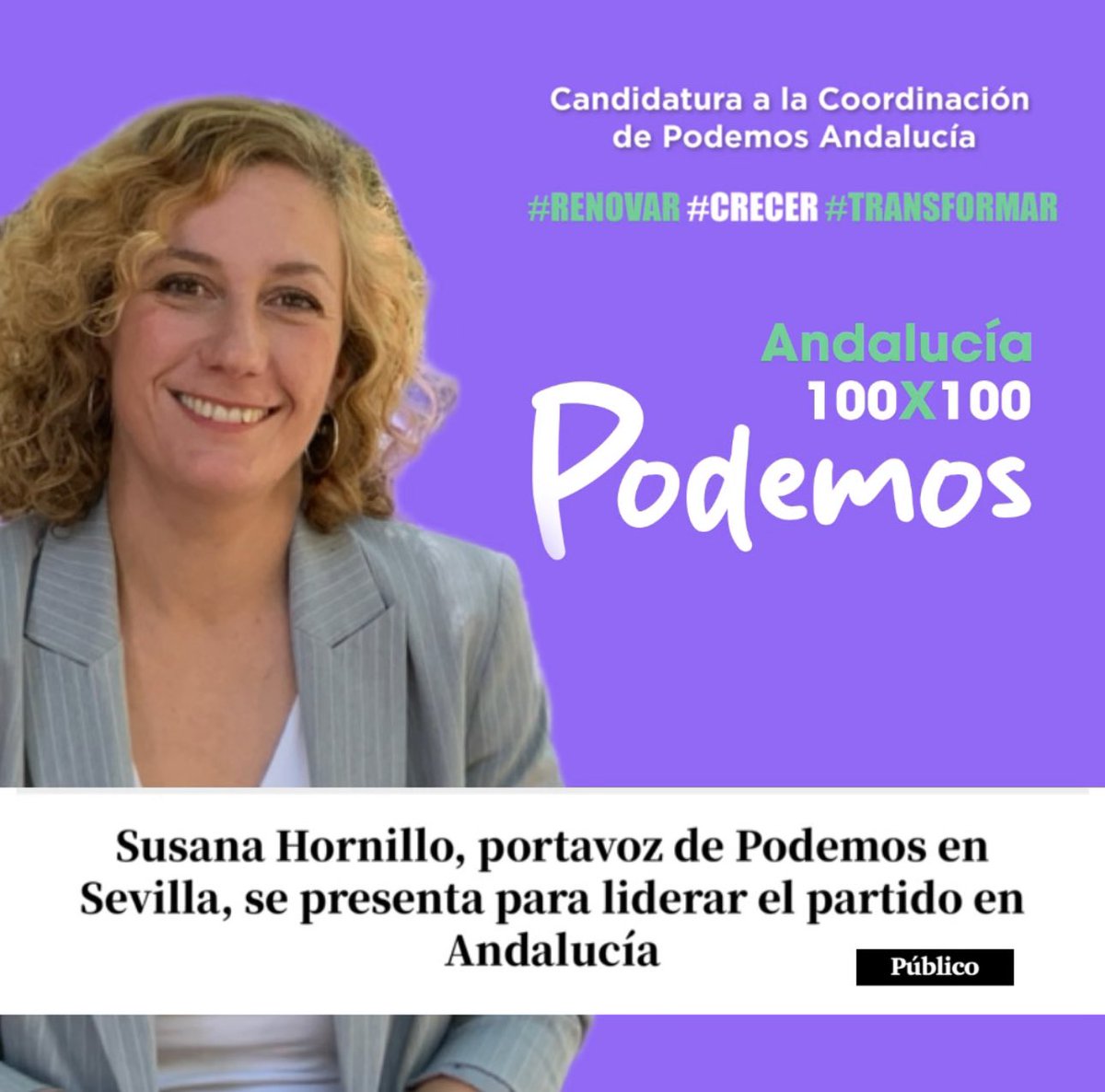 Andalucía no necesita gente con experiencia.
Necesita gente que haga política desde las bases. Que devuelva a Podemos su esencia, su fuerza, su dignidad. Q no tenga miedo a perder un sillón si a cambio mantiene sus principios.
Una #Andalucia100x100Podemos 
#EquipoSusanaHornillo