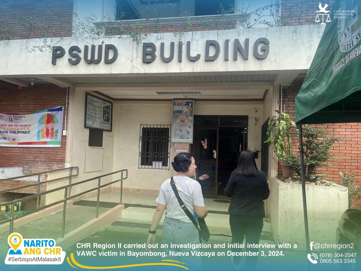 CHRgewhrc's tweet photo. Reposted from CHR RO 2, Your Gender Ombud!

𝘿𝙚𝙘𝙚𝙢𝙗𝙚𝙧 3, 2024 | CHR RO2 carried out an investigation and initial interview with a victim of Violence Against Women and their Children (VAWC) in Bayombong, Nueva Vizcaya.

#CHRngLahat
#chrdos https://t.co/zZjRvdTNJ5