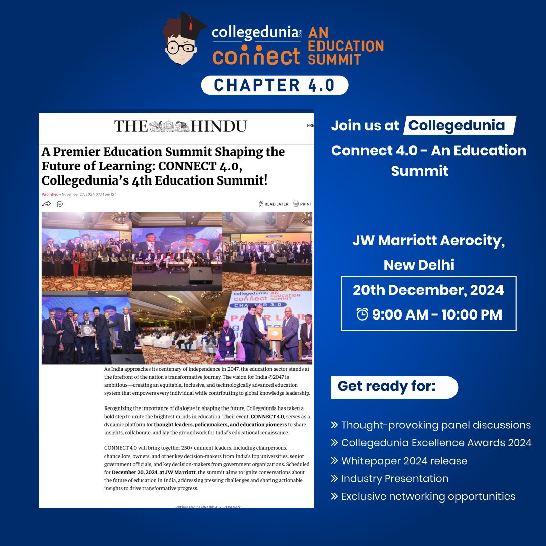 CDconnect2's tweet photo. 🚀Collegedunia Connect 4.0 - An Annual Education Summit🚀

🗓️ Date: 20th December 2024
📍 Venue: JW Marriott Aerocity, New Delhi

The latest article released by The Hindu on Collegedunia Connect 4.0 - https://t.co/DgvINZyVm9

Register now to Attend- https://t.co/88rFLEaUYZ https://t.co/Y9qS6kUw30