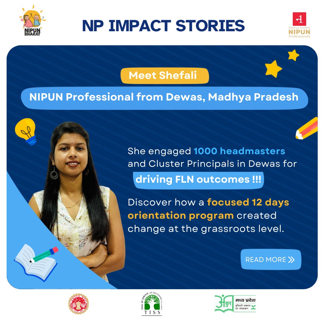 mpnipun's tweet photo. 🎉 Excited to launch our #NIPUNProfessionals Impact Stories!
Meet Shefali Joshi from #Dewas, #MadhyaPradesh, driving #MissionAnkur to boost #FLN outcomes by engaging Headmasters &amp; collaborating with CEO-ZP. 
Follow for inspiring stories of systemic reform &amp; learning impact! 📘 https://t.co/KPss9UEsVG