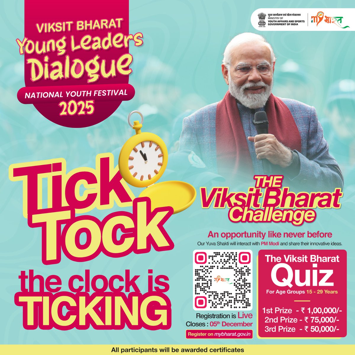 YASMinistry's tweet photo. ⏰ Tick-tock, the clock is ticking! 
#ViksitBharatYoungLeadersDialogue offers an incredible chance to meet PM Modi ji &amp; share your ideas for #ViksitBharat.
 Join the #ViksitBharat Challenge today!

📍Visit https://t.co/e9iwd3feYN
The participation window for the quiz closes soon! https://t.co/1lFMdiHx8n