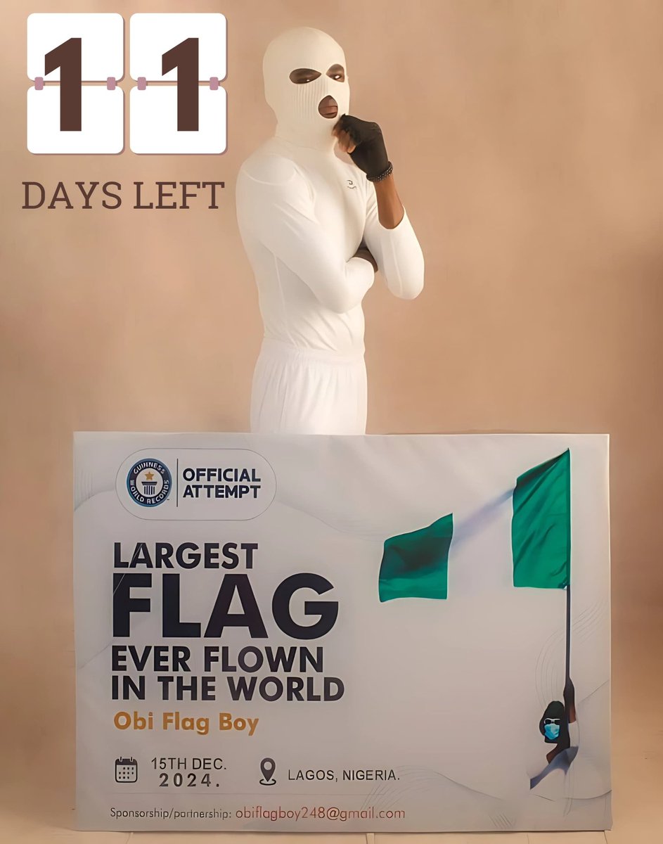 Ukpahiojojames's tweet photo. Gradually we are getting there
#SupportOurFlagBoy #LargestFlagEverFlown #NaijaToTheWorld #BeaconOfHope #GuinnessWorldRecord #11DaysToGo https://t.co/5T5LRIaYUQ