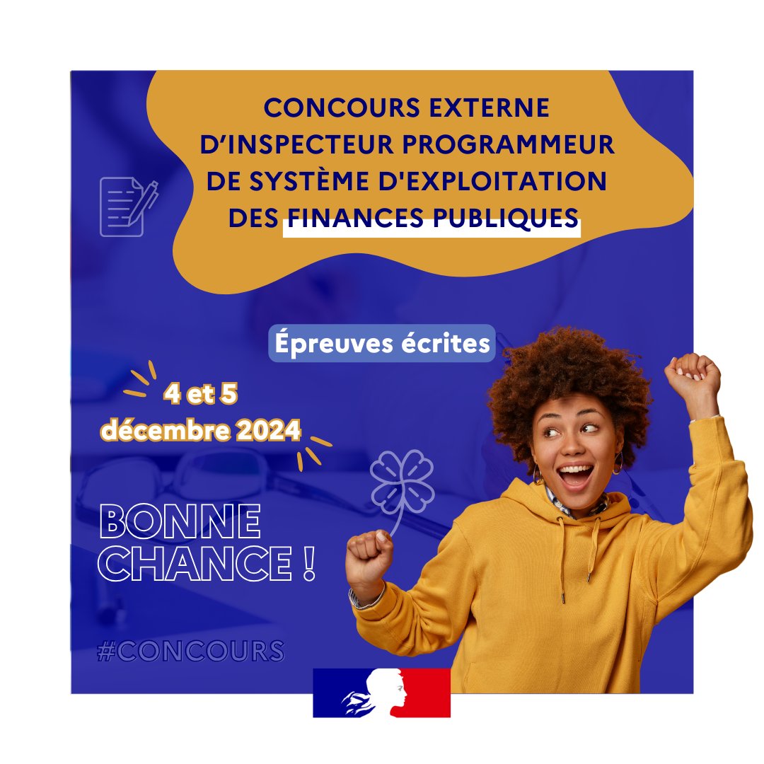 🤞 Bonne chance à tous les candidat(e)s qui vont composer aujourd'hui et demain pour les épreuves écrites du concours externe d'inspecteur programmeur de système d'exploitation de la <a href="/dgfip_officiel/">Direction générale des Finances publiques</a> !
📅Les résultats d'admissibilité seront disponibles le 10 janvier 2025 !🍀
#RLFP