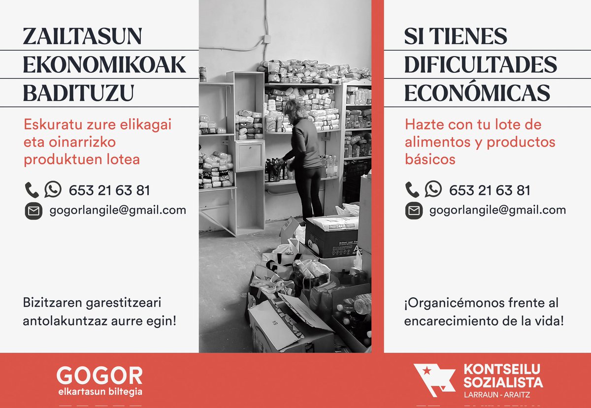 🔴 ZAILTASUN EKONOMIKOAK BADITUZU:

Eskuratu zure elikagai eta oinarrizko produktuen lotea GOGOR elkartasun biltegiarekin harremanetan jarriz.

📞 653 21 63 81 
📧 gogorlangile@gmail.com

Bizitzaren garestitzeari antolakuntzaz aurre egin!