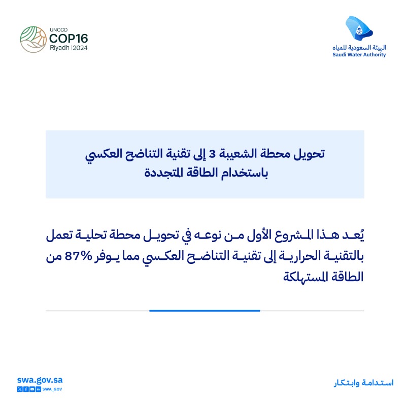 swa_gov's tweet photo. الطاقة المتجددة في منظومات تحلية المياه إحدى ركائز مستقبل قطاع المياه بالمملكة، تساهم في تعزيز الاستدامة البيئية من خلال الحد من البصمة الكربونية لسلسلة إمداد المياه.

#كوب16_الرياض
#أرضنا_مستقبلنا