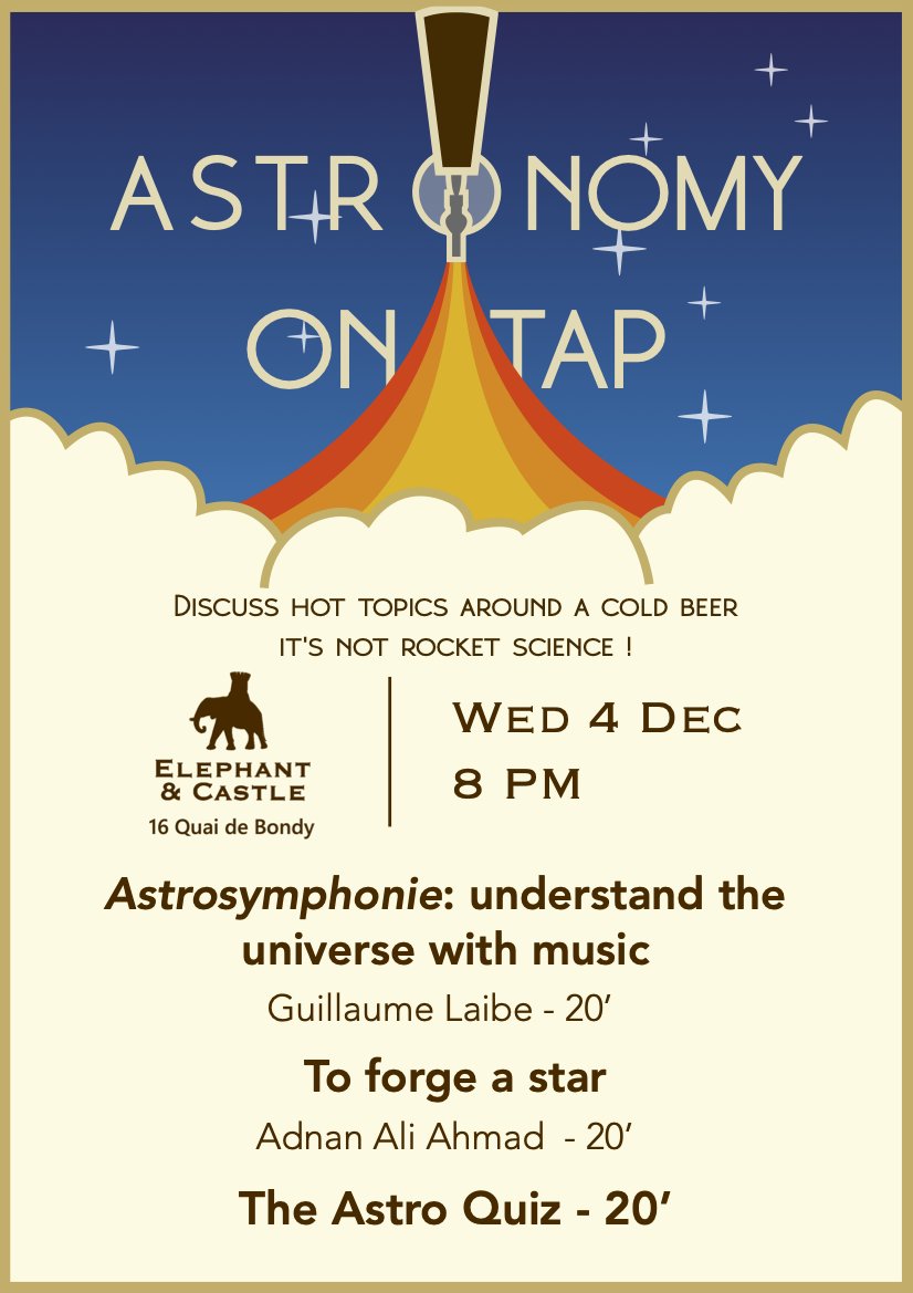 🍻 ASTRONOMY ON TAP
Ce soir, c'est #AoT ! RDV à 20 h à l'Elephant &amp; Castle dans le Vieux #Lyon pour parler astrosymphonie et formation d'étoile avec Guillaume Laibe et Adnan Ali Ahmad du #CRAL. C'est gratuit et ouvert à toutes et tous ! Infos ici :
➡️ observatoire.univ-lyon1.fr/actualites/ret…