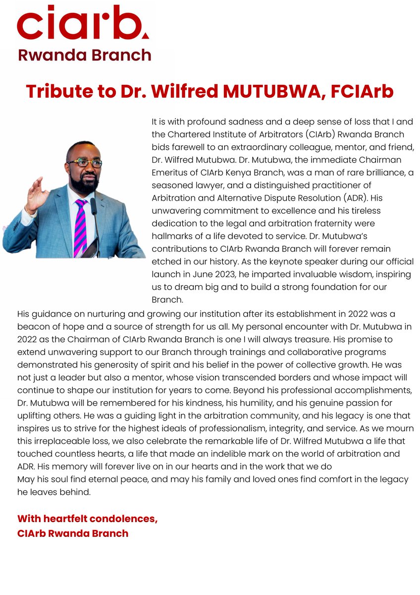 His memory will forever live on in our hearts and in the work that we do May his soul find eternal peace, and may his family and loved ones find comfort in the legacy he leaves behind <a href="/MispaFri/">Mispa FRI AWASUM</a> <a href="/RutabingwaAtha1/">Rutabingwa Athanase</a> <a href="/LegalPracticeRW/">ILPD</a> <a href="/KiacRwanda/">KIAC Rwanda</a> <a href="/CIArbKenya/">CIArb Kenya Branch</a> <a href="/CIArbRwanda/">CIArb Rwanda Branch</a>