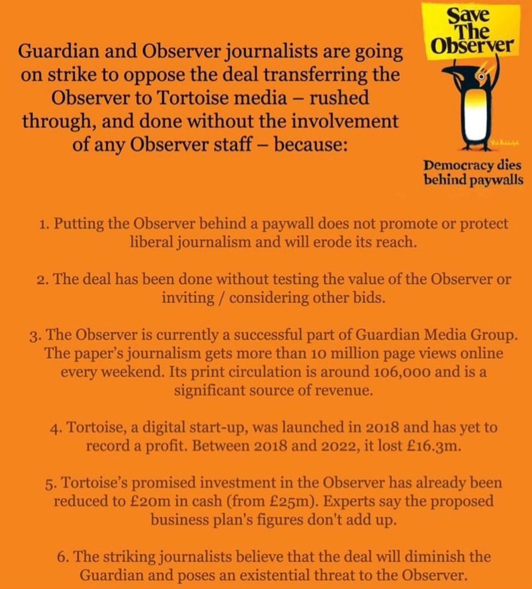 I fully support my colleagues at the Guardian and Observer who are on strike for 48 hours over the sale of the Observer. For more information please follow @GoNUJ93 and <a href="/NUJofficial/">NUJ</a> or visit nuj.org.uk/savetheobserver