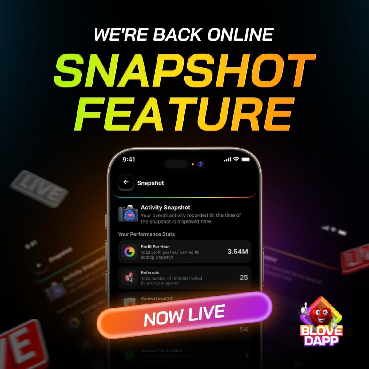 📸 The Snapshot is Complete! 📸
All the tasks and activities you’ve completed have been recorded, and your airdrop will be rewarded accordingly. 🎉
 It’s time to celebrate your hard work and dedication – rewards are just around the corner!
 Don’t miss out – update your app now