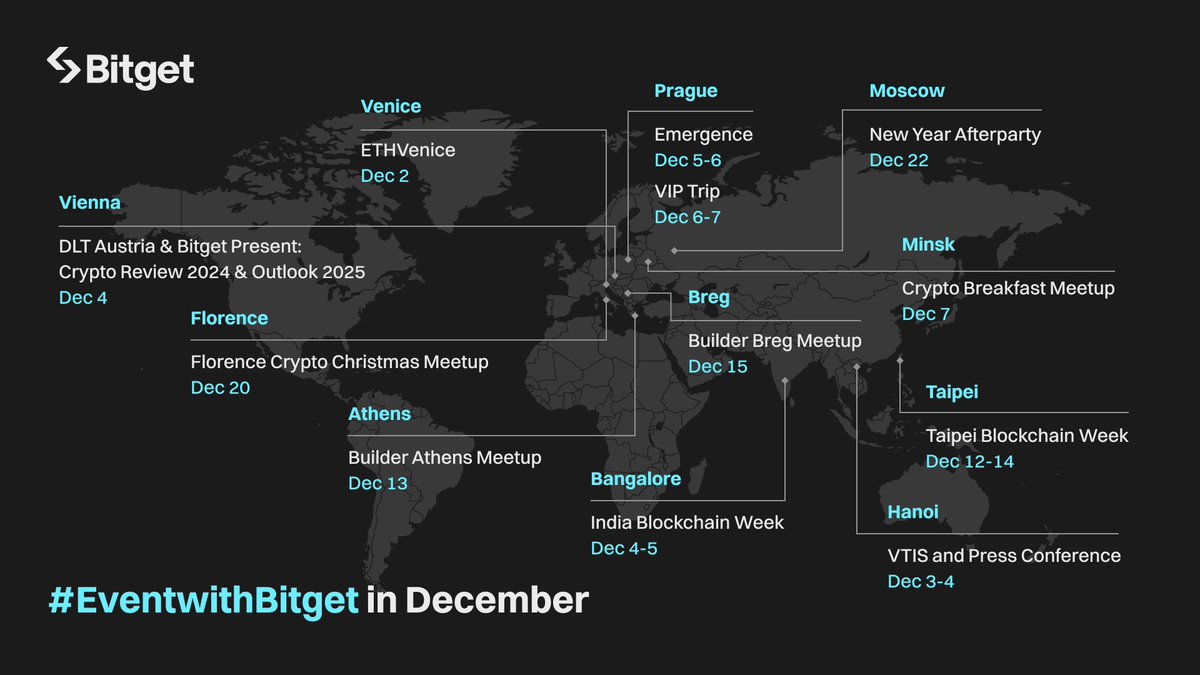 bitget's tweet photo. We’re welcoming the final month of 2024 with an epic lineup of global events! 🌍✨

🚀 Join us as we take on top crypto meetups and conferences worldwide. Let’s close out the year strong and make crypto history together!

See you there! 👋

#EventwithBitget https://t.co/4bro5J3d7Y
