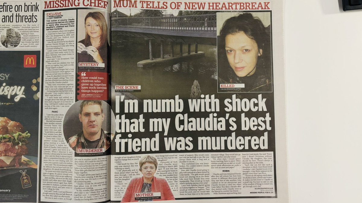 Michelle Rawlins (@mrawlins1974) on Twitter photo In my exclusive for today’s <a href="/DailyMirror/">The Mirror</a> I have spoken to the mum of missing chef #ClaudiaLawrence after her d’ters childhood best friend #LisaWelford was murdered by her abusive partner.
#VincentMorgan will be sentenced today.
No woman’s life should end this way.
#DomesticAbuse In my exclusive for today’s <a href="/DailyMirror/">The Mirror</a> I have spoken to the mum of missing chef #ClaudiaLawrence after her d’ters childhood best friend #LisaWelford was murdered by her abusive partner.
#VincentMorgan will be sentenced today.
No woman’s life should end this way.
#DomesticAbuse