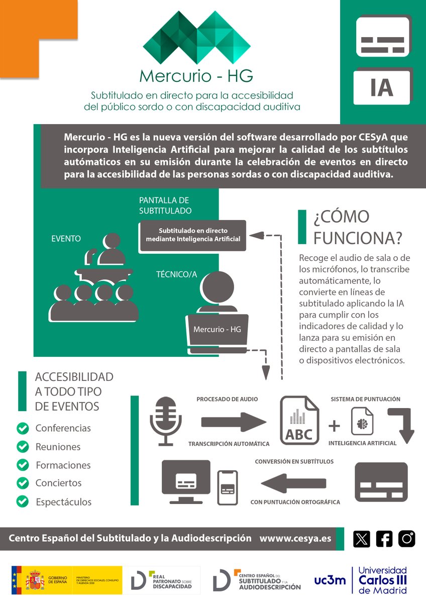 CESyA desarrolla Mercurio - HG para mejorar el #Subtitulado en directo y la #Accesibilidad para personas sordas o con #DiscapacidadAuditiva a todo tipo de #Eventos.

A partir de técnicas de #IA se ha mejorado:
✅Gramática
✅Puntuación
✅División de líneas

bit.ly/3Ase28N