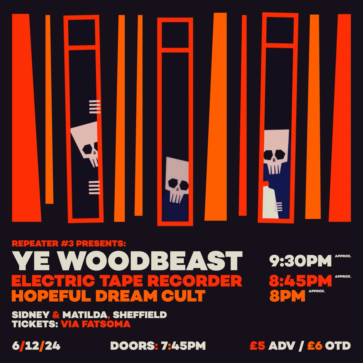 Get yourself ready for some ship-sinking frequencies... We're only 2 sleeps away from Ye Woodbeast, Electric Tape Recorder and Hopeful Dream Cult.

This Friday at Sidney and Matilda Sheffield.
£5 (+Fee) Advance / £6 OTD
fatso.ma/0eA1