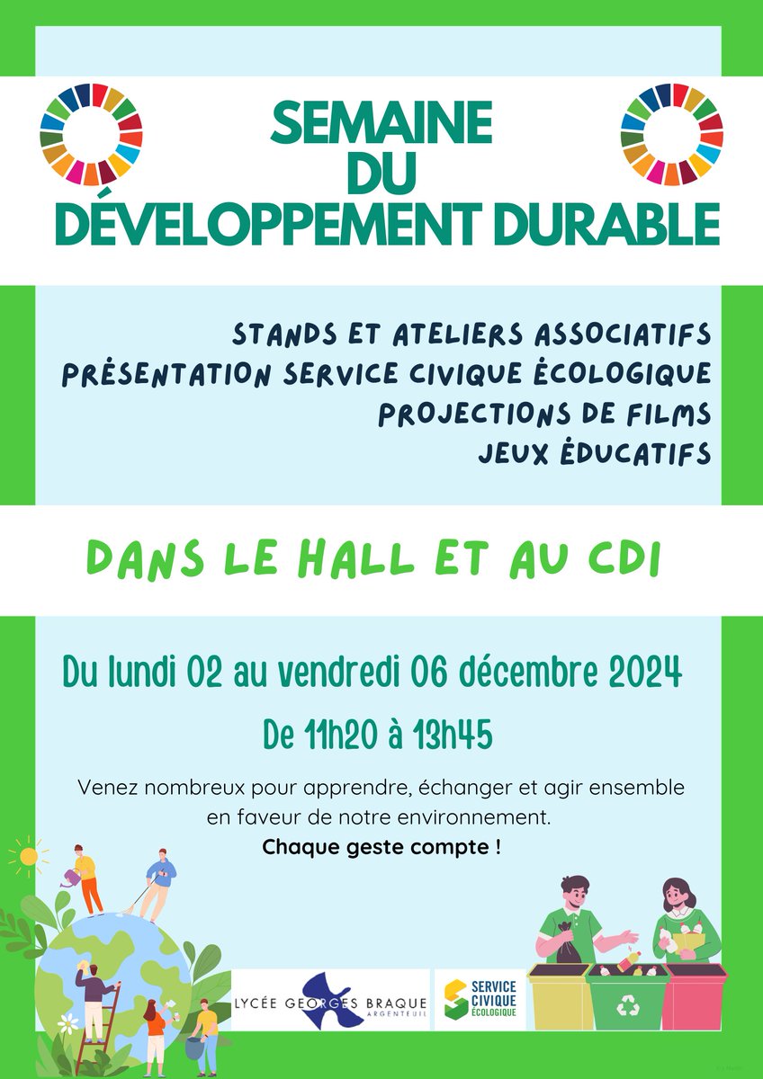 0950666h's tweet image. Le lycée organise cette semaine en partenariat avec le #SDJES de la #DESDEN95, sa première semaine du développement durable. Nous accueillons dans ce cadre des associations locales et proposons des ateliers encadrés par les éco-délégué.e.s. 

@edd_versailles #EDD #E3D #CESCE