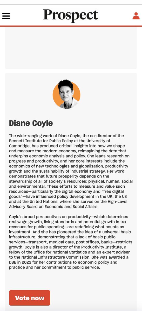 prospectmagazine.co.uk/ideas/worlds-t…
Wow, <a href="/prospect_uk/">Prospect</a> has chosen the Prof - <a href="/DianeCoyle1859/">Diane Coyle</a>  - as one of 25 top thinkers. But much like #Strictly it’s the public who decide who decide who tops the leader board. So please vote for the Prof!