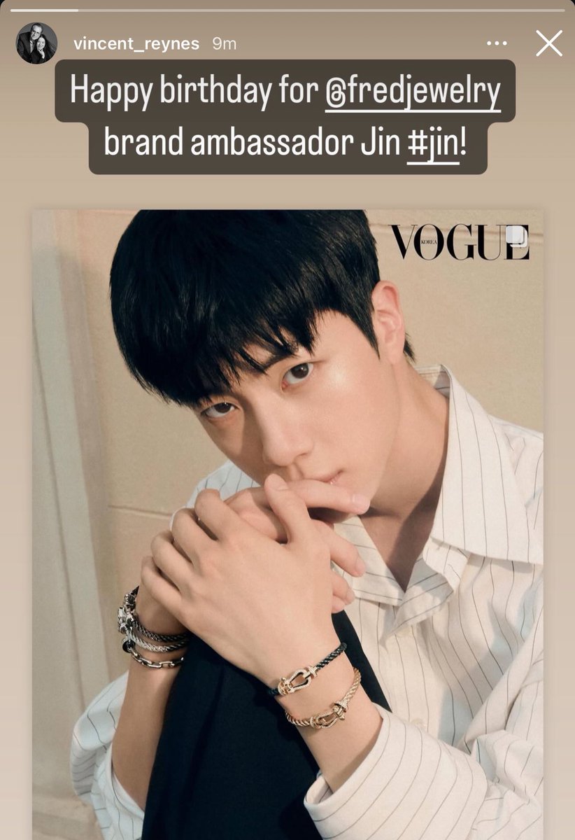jinnieslamp's tweet photo. FRED Jewelry’s CEO Vincent Reynes Instagram story

“Happy birthday for @fredjewelry brand ambassador Jin!” https://t.co/ctv8RT2LHH