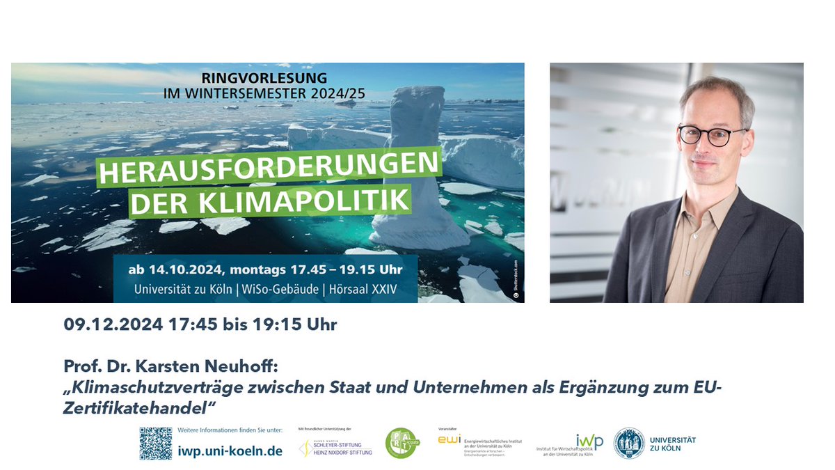 IWP Uni Köln (@iwp_uni_koeln) on Twitter photo Wir freuen uns, in unserer Ringvorlesung "Herausforderungen der Klimapolitik"
kommenden Montag Prof. Dr. <a href="/KarstenNeuhoff/">Karsten Neuhoff</a> begrüßen zu dürfen. Das Thema seines Vortrags ist "Klimaschutzverträge zwischen Staat und Unternehmen als Ergänzung zum EU-Zertifikatehandel". Wir freuen uns, in unserer Ringvorlesung "Herausforderungen der Klimapolitik"
kommenden Montag Prof. Dr. <a href="/KarstenNeuhoff/">Karsten Neuhoff</a> begrüßen zu dürfen. Das Thema seines Vortrags ist "Klimaschutzverträge zwischen Staat und Unternehmen als Ergänzung zum EU-Zertifikatehandel".