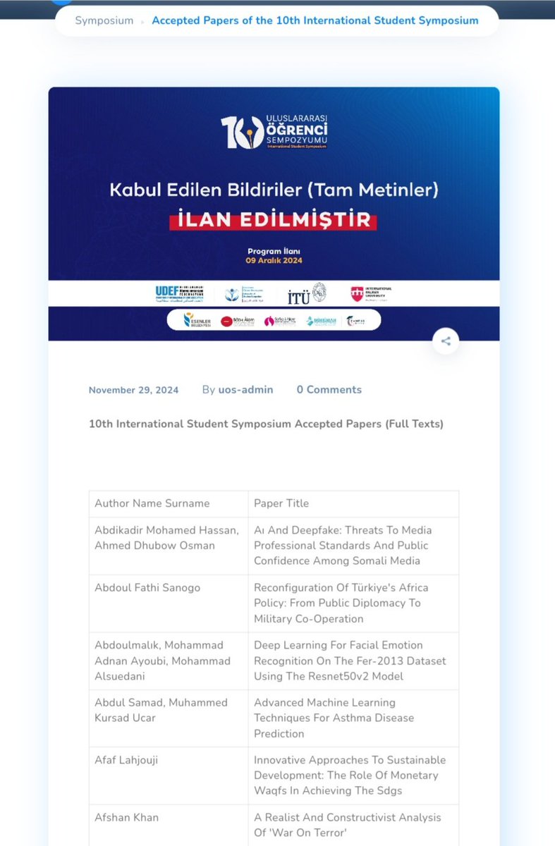 I am honored that our paper "AI and Deepfake: Threats to Media Professional Standards and Public Confidence among Somali Media" co-authored with <a href="/Abdikadirsumar/">Abdikadir M.Sumar</a>, has been accepted for presentation at the 10th International Student Symposium by <a href="/udeforgtr/">UDEF</a> in Istan. on 28 December.