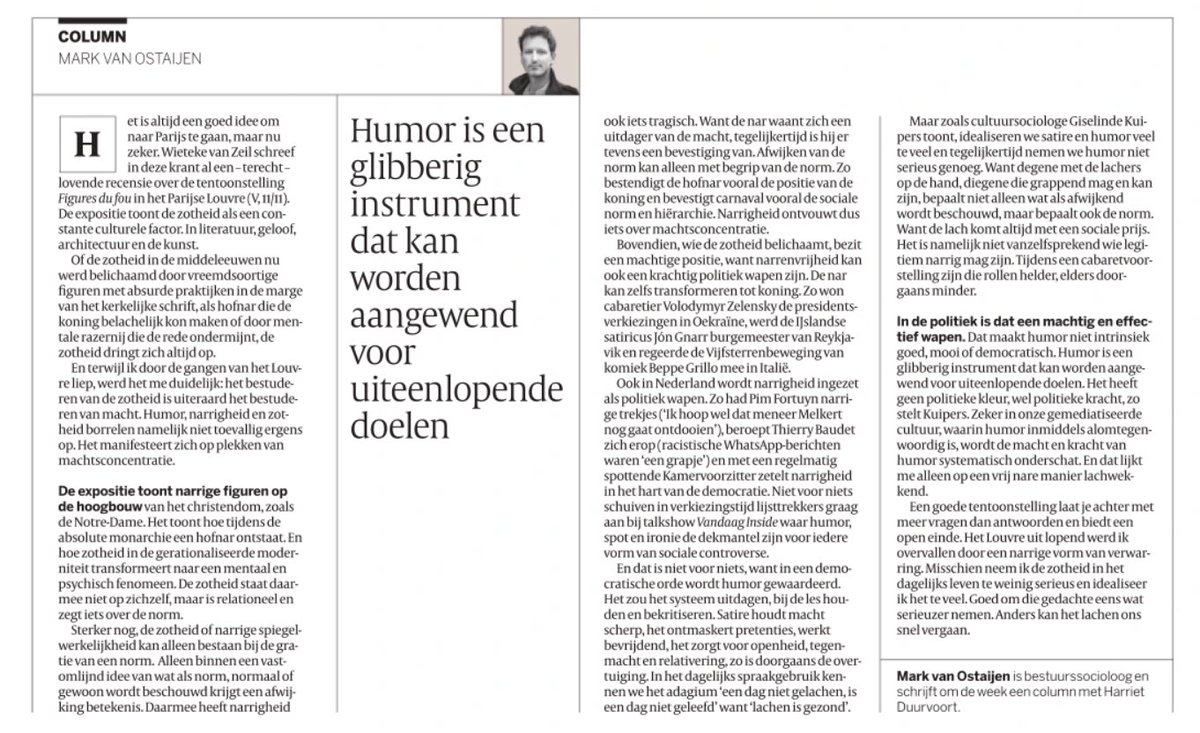 Nieuwe <a href="/volkskrant/">de Volkskrant</a> column. Over de nar, humor en zotheid.