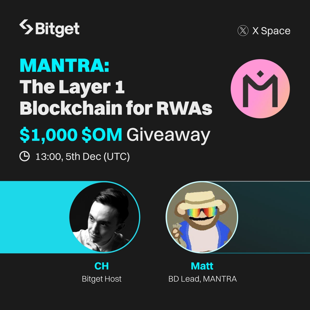 bitget's tweet photo. Join our upcoming X Space with @MANTRA_Chain!

⏰Dec 5, 13:00 UTC
💰$1,000 in $OM Giveaway (20 winners) 

To enter:
🔹Follow @bitgetglobal @MANTRA_Chain + RT 
🔹Tune in: https://t.co/sToH836FWT
🔹Drop a screenshot of you in the Space 

#OMlistBitget https://t.co/0rCINjqwwM