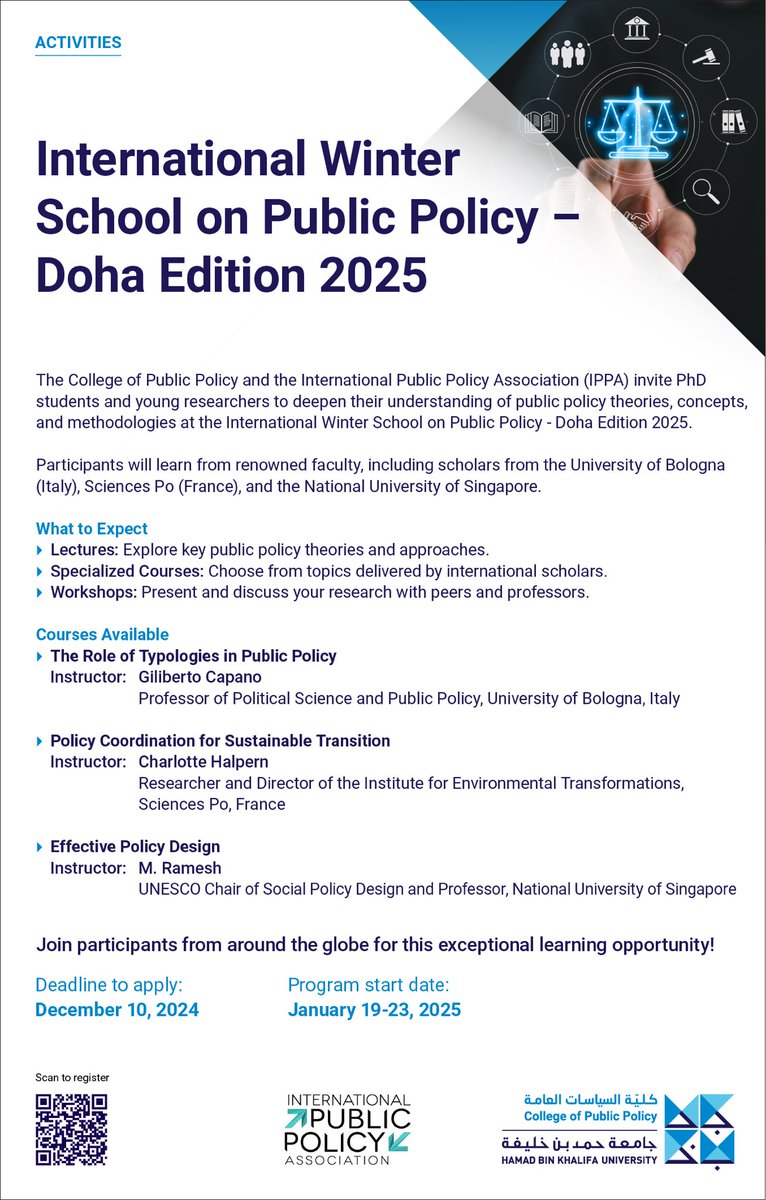 Join Us! PhD students, postdoctoral fellows, Research Assistants, &amp; scholars from <a href="/QF/">Qatar Foundation</a> &amp; other academic institutions across #Qatar 

#CPP &amp; <a href="/_IPPA_/">IPPA</a> are pleased to announce the International Winter School on Public Policy-Doha Edition 2025

REGISTER hbku.wufoo.com/forms/z1sivh0g…