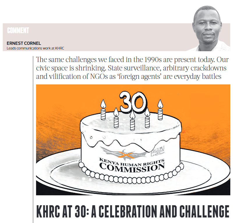 thekhrc's tweet photo. It's been 30 years since KHRC was registered in Kenya, after it was founded in Washington D.C., in US in 1992. @OduorErnest reflects on three decades of KHRC and what lies ahead. Stay tuned for a major event tonight as we launch our legacy book, Rights And Fights.
#KHRCat30 https://t.co/ewNkEBkXZ8