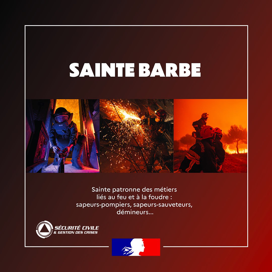 🔥Aujourd'hui, les sapeurs-pompiers, les sapeurs-sauveteurs &amp; les démineurs célèbrent la #SainteBarbe!
Ils sont mobilisés partout en 🇫🇷 et dans le monde &amp; s'engagent au quotidien pour porter secours.
Rendons hommage à ceux qui ont sacrifié leur propre vie pour en sauver d’autres.