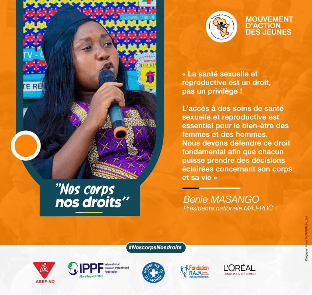 Sophia Tshela (@sophiatshela) on Twitter photo #NosCorpsNosDroits
#16JoursdActivisme
L’accès à des soins de santé sexuelle et reproductive est un droit et non un privilège !
<a href="/abefnd_rdc/">ABEF-ND RDC</a>
<a href="/IPPFAR/">IPPFAR</a>
<a href="/MondeRdc/">Médecins du Monde RDC</a>
<a href="/MdM_France/">Médecins du Monde</a>
<a href="/FondationLOreal/">Fondation L'Oréal</a>
<a href="/FondationRaja/">Fondation RAJA - Danièle Marcovici</a> #NosCorpsNosDroits
#16JoursdActivisme
L’accès à des soins de santé sexuelle et reproductive est un droit et non un privilège !
<a href="/abefnd_rdc/">ABEF-ND RDC</a>
<a href="/IPPFAR/">IPPFAR</a>
<a href="/MondeRdc/">Médecins du Monde RDC</a>
<a href="/MdM_France/">Médecins du Monde</a>
<a href="/FondationLOreal/">Fondation L'Oréal</a>
<a href="/FondationRaja/">Fondation RAJA - Danièle Marcovici</a>