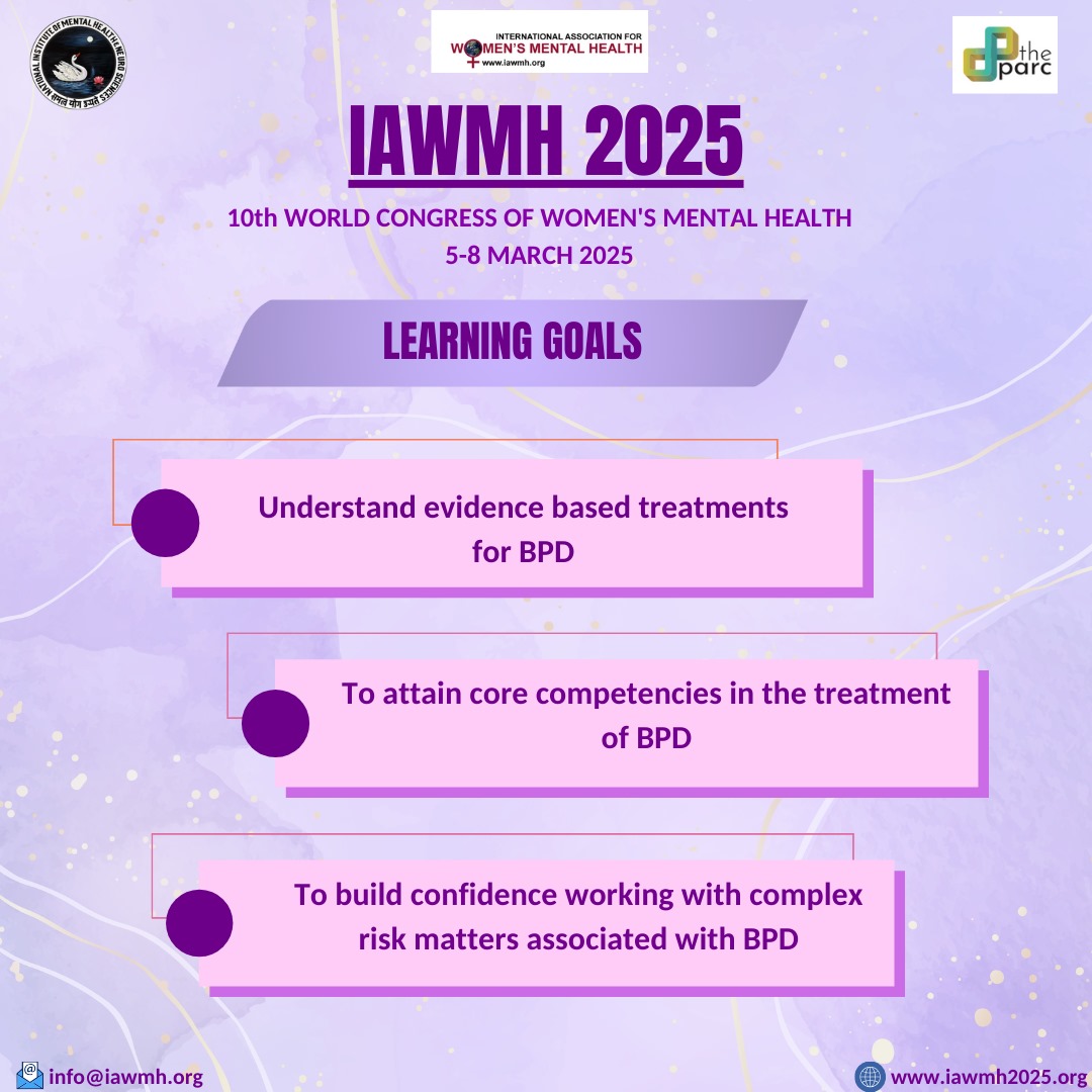 NIMHANS_BLR's tweet photo. Join Dr. Sathya Rao at the 10th World Congress of Women's Mental Health for a full-day pre-conference workshop on treatment of Borderline Personality Disorder (BPD).
🗓️ 5th March 2025
📍 NIMHANS, Bengaluru
#iawmh
#bpd
#womensmentalhealth
#nimhans https://t.co/aplbJc5IQf