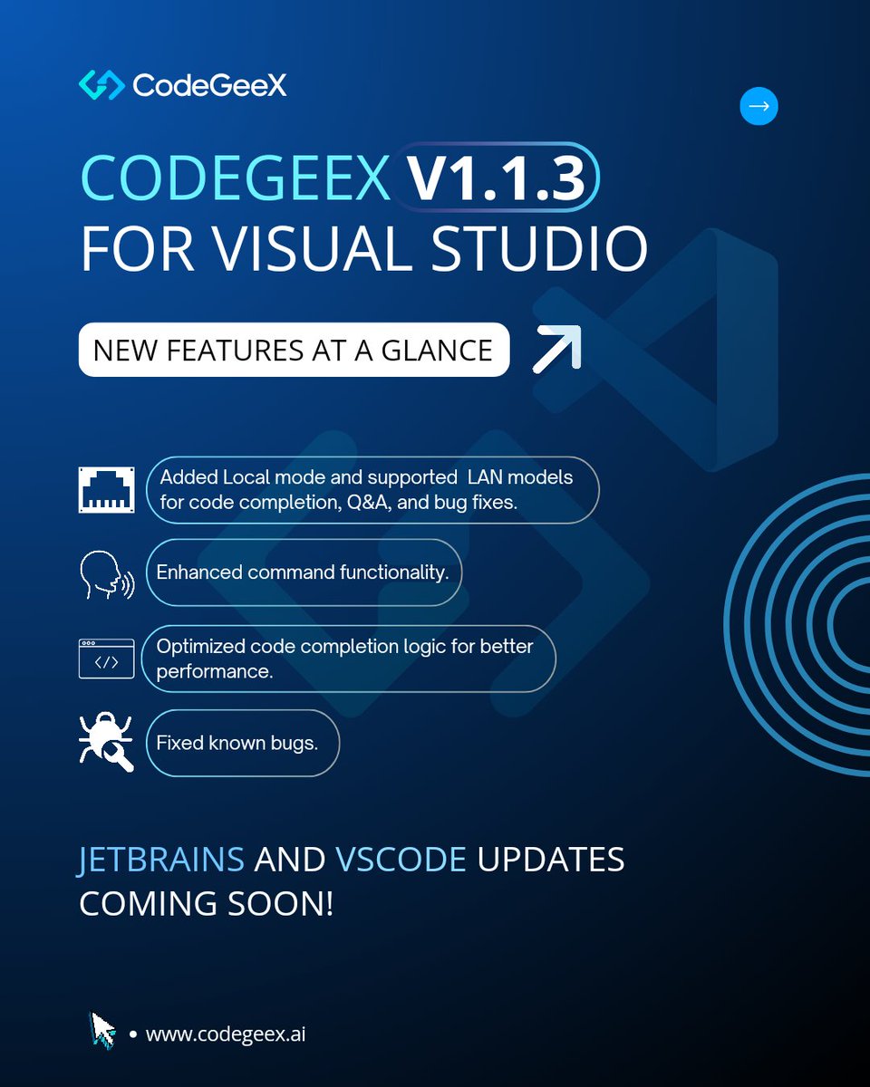 codegeex_ai's tweet image. 🚀 #CodeGeeX V1.1.3 for #VisualStudio is here!

What’s new?
🔹Added Local mode and supported  LAN models for code completion, Q&amp;amp;A, and bug fixes.
🔹 Enhanced command functionality.
🔹 Optimized code completion logic for better performance.
🔹 Fixed known bugs.

Stay tuned for…