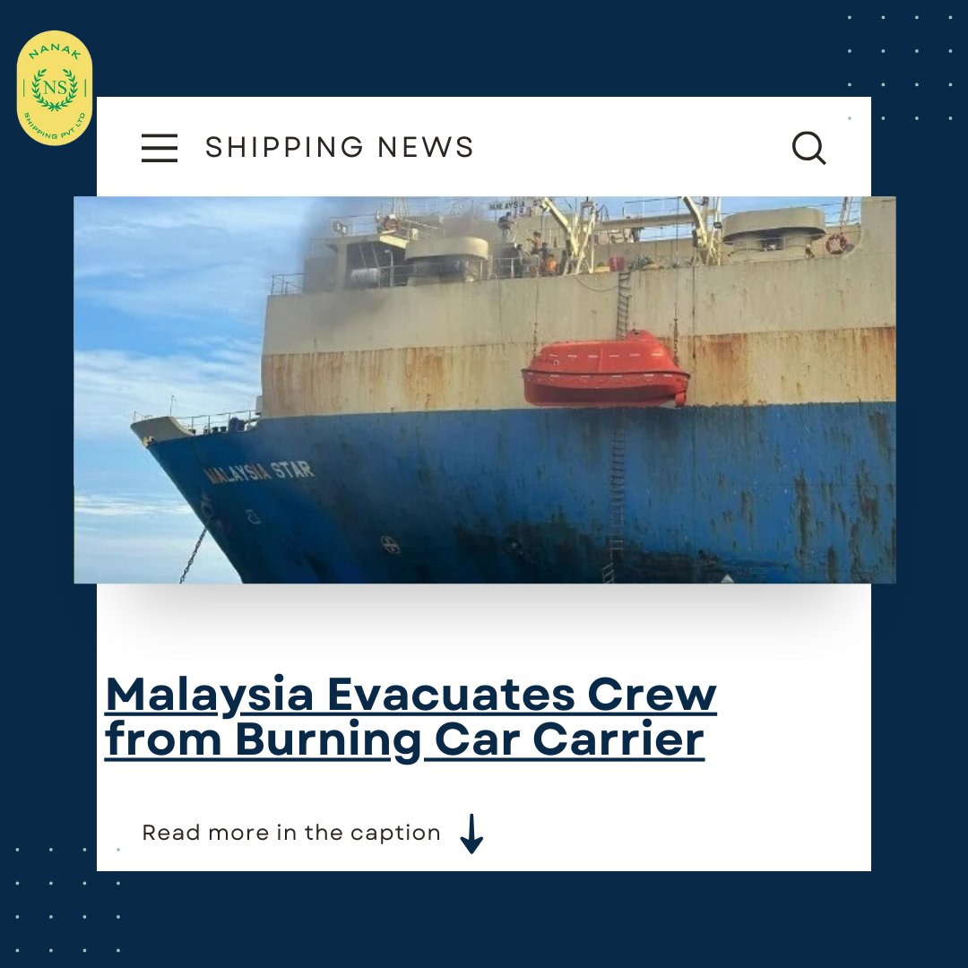NanakShipping's tweet photo. the Malaysian Coast Guard evacuated 19 crew members from the burning Malaysia Star car carrier. The crew, including 18 Filipinos and one Malaysian, was safely transferred to shore.
(Malaysia Coast Guard, Crew evacuation operation, Burning car carrier, Malaysia Star fire https://t.co/9HU3LKYDpM