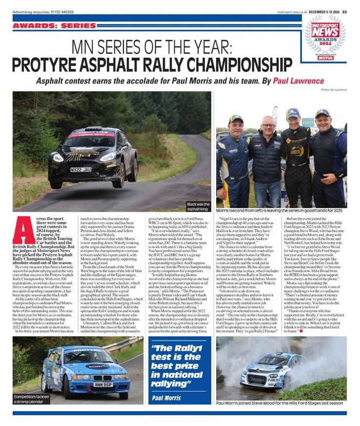 Protyre MUK Asphalt Rally Championship (@asphaltrallying) on Twitter photo Honoured & delighted by this <a href="/MNmotorsport/">Motorsport News</a> award. Thank you to everyone that contributes so much - competitors, events, marshals, officials, fans, championship partners, et al.
<a href="/Protyre/">Team Protyre</a> <a href="/BTRDAmotorsport/">BTRDA</a> <a href="/ourmotorsportuk/">Motorsport UK</a> <a href="/WithamMSport/">Witham Motorsport</a> <a href="/Legendfires/">Legend Fires</a> <a href="/Hills_Ford/">HILLS FORD</a> <a href="/raceandrallyni/">Race and Rally</a> Honoured & delighted by this <a href="/MNmotorsport/">Motorsport News</a> award. Thank you to everyone that contributes so much - competitors, events, marshals, officials, fans, championship partners, et al.
<a href="/Protyre/">Team Protyre</a> <a href="/BTRDAmotorsport/">BTRDA</a> <a href="/ourmotorsportuk/">Motorsport UK</a> <a href="/WithamMSport/">Witham Motorsport</a> <a href="/Legendfires/">Legend Fires</a> <a href="/Hills_Ford/">HILLS FORD</a> <a href="/raceandrallyni/">Race and Rally</a>