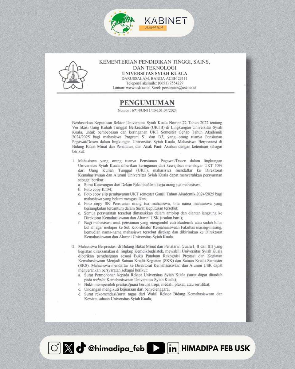 Himadipa_FEB's tweet photo. Hallo Sobat EKP👋🏻
ada info terbaru nih, jangan lupa di baca ya biar kalian ga ketinggalan informasi nya!

#InfoMahasiswa #KabinetAspasia #HIMADIPAFEBUSK https://t.co/38pf5pUj84
