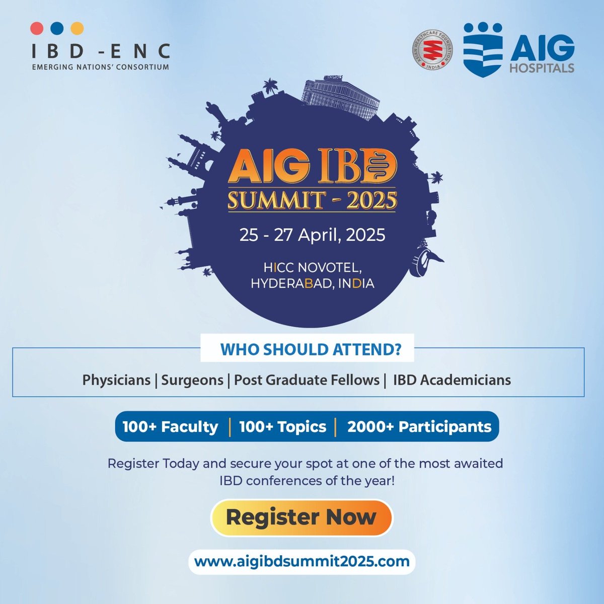 ibd_enc's tweet photo. 👉Join the AIG IBD Summit 2025!
🗓️Date: 25-27 April, 2025, HICC Novotel, Hyderabad.
✅100+ Faculty | 100+ Topics | 2000+ Attendees
👨⚕️Ideal For Physicians, Surgeons, Fellows & Academicians!
📢Register now: https://t.co/URFyxIQn0b
#AIGIBDSummit #IBDConference #Hyderabad https://t.co/yLHjRMsgXJ