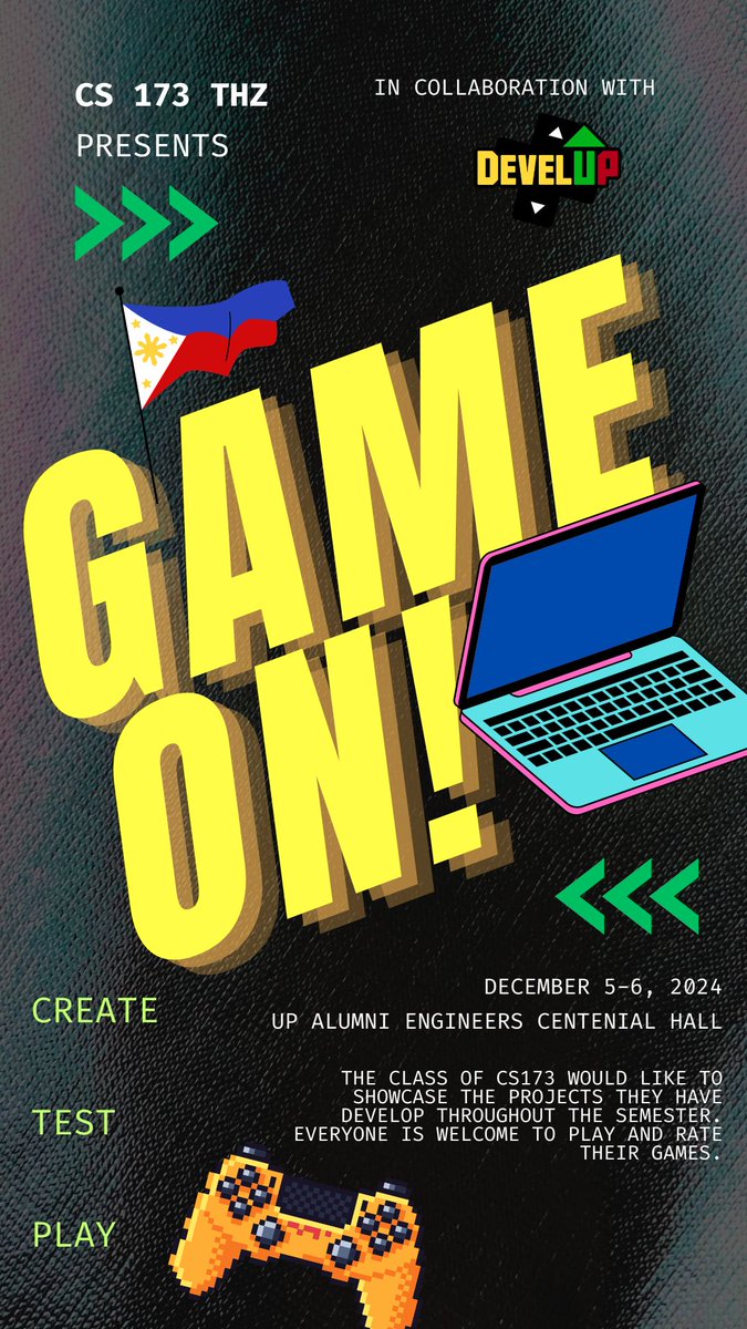 DevelUP_Diliman's tweet photo. 🗣 GAME ON, with #DevelUP!

Don't miss out on this chance to destress by playing a whole lot of games in our collaboration with the class of CS173 🎮💥 

⏰️ WHEN: Dec 5 to 6 (9AM-6PM)
📍 WHERE: UP Alumni Engineers Centenial Hall

See you there, Gamers! https://t.co/dngPwS5wIv