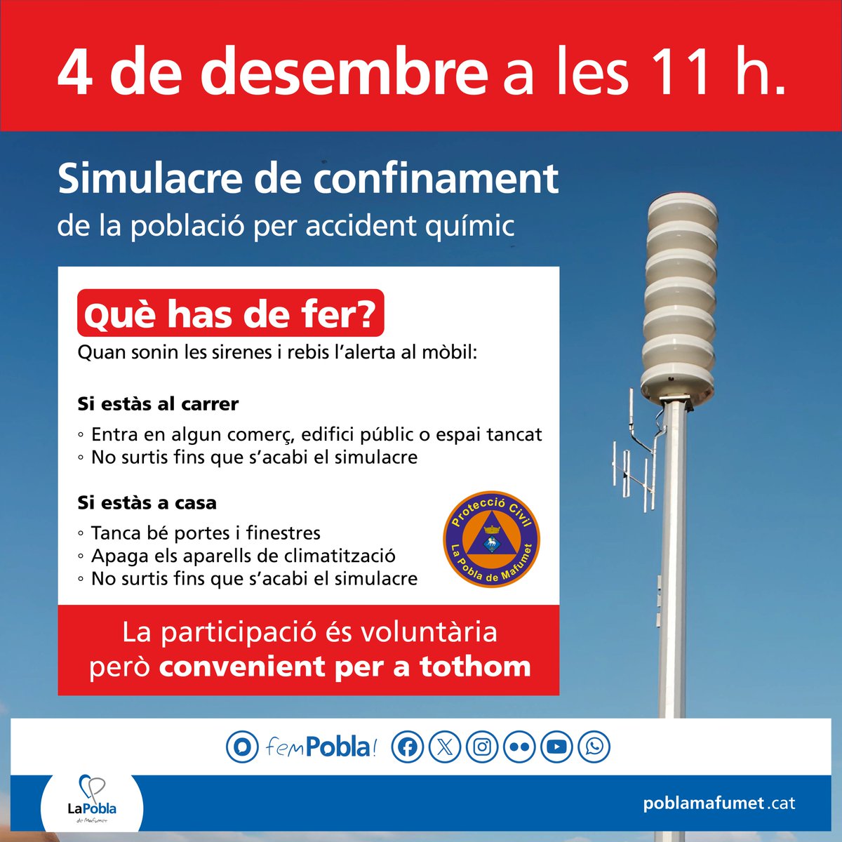 AjuntamentPobla's tweet photo. 🔊 Recorda: avui, a les 11.00 h, simulacre de confinament per accident químic.

🔊 Recuerda: hoy, a las 11.00 h, simulacro de confinamiento por accidente químico. https://t.co/NlPO3RMiOu