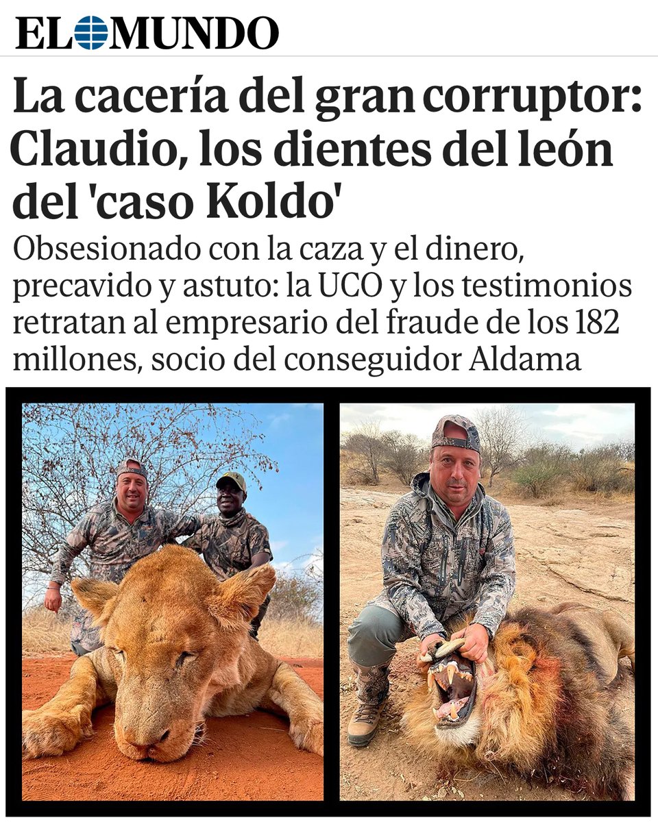 🔴La caza es sinónimo de muerte y corrupción.

🩸La caza es no solo extermina vidas inocentes, sino que está vinculada con redes de corrupción y abuso de poder.

🦁Los casos como el de Claudio Rivas, investigado por fraude fiscal millonario, muestran cómo los grandes intereses