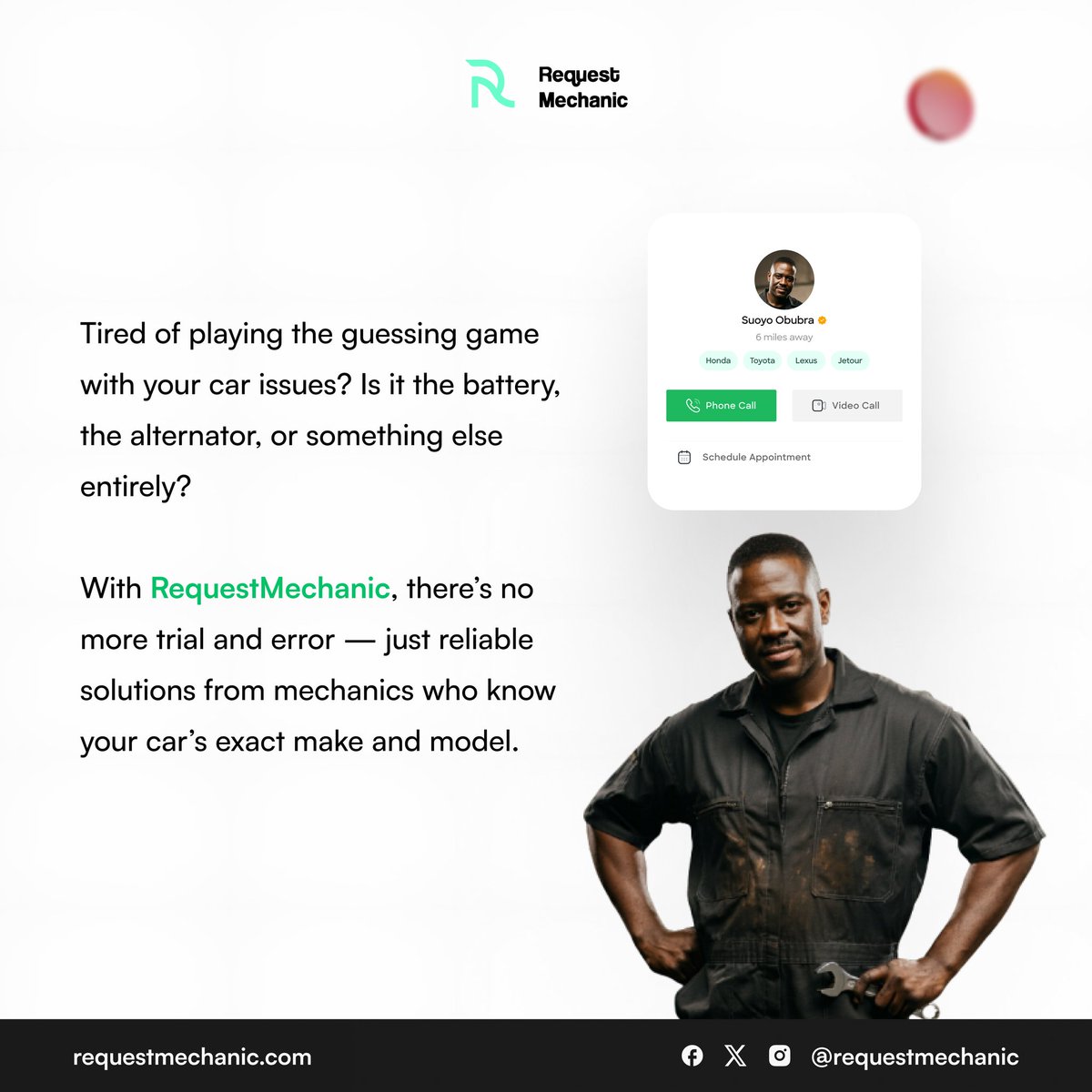 requestmechanic's tweet image. Why guess when you can know for sure? 🤔 💡 RequestMechanic takes the guesswork out of car issues.
Connect with mechanics who understand your car’s make and model, ensuring accurate diagnostics and real-time consultations.