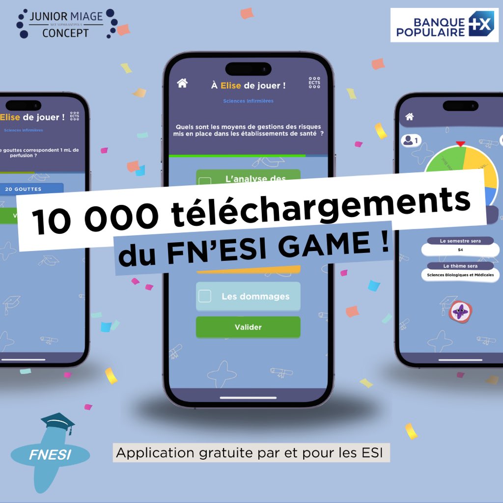 La_FNESI's tweet photo. #ESI | 10 000 téléchargements du FN'ESI GAME ! 📲 

➡️ Pour rappel, le #FNESIGAME c'est : 

📚 Application mobile de révision 
👩‍⚕️ Construite par et pour les #ESI 
🎓 Pour la réussite étudiante
✅ 100% gratuite 
 
Merci à @BanquePopulaire pour leur engagement en faveur des #ESI https://t.co/W1yscGK7DJ
