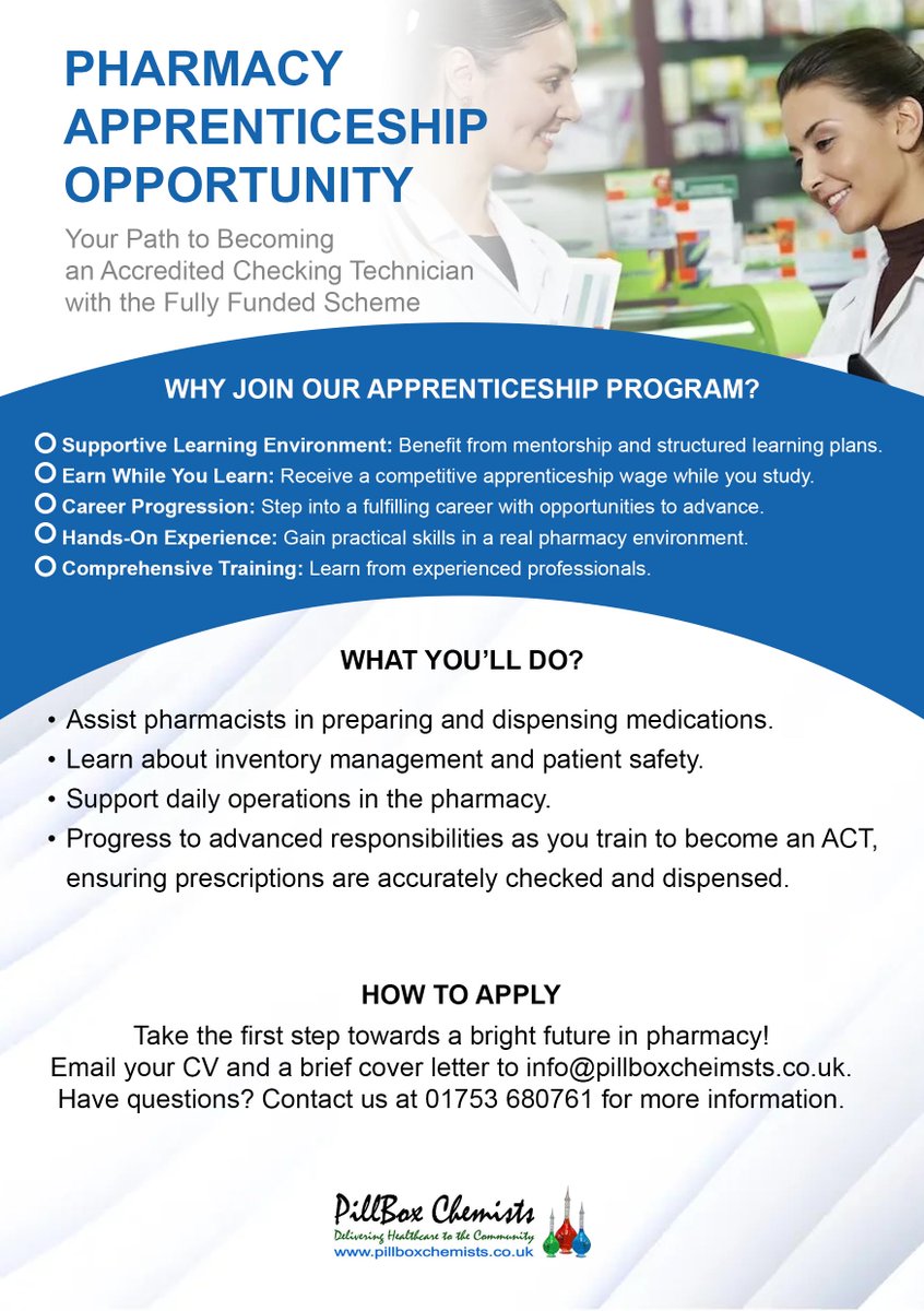 PillBox Chemists (@pillboxchemist) on Twitter photo Pharmacy Apprenticeship Program โ Apply Now!  Weโre offering a fully funded Pharmacy Apprenticeship at 24 locations! Earn while you learn with hands-on experience. Progress your career to become an Accredited Checking Technician. Enjoy mentorship, training & growth opportunities. Pharmacy Apprenticeship Program โ Apply Now!  Weโre offering a fully funded Pharmacy Apprenticeship at 24 locations! Earn while you learn with hands-on experience. Progress your career to become an Accredited Checking Technician. Enjoy mentorship, training & growth opportunities.