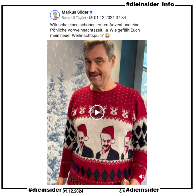 Die_Insider's tweet image. Was die #AfD-Fans von @Markus_Soeder und &quot;seinem&quot; Weihnachtspulli halten! #ErsterAdvent
 
#LautGegenRechts #NiemalsAfD 
#Xmas #Weihnachten2024
#WirSindDieBrandmauer #GemeinsamGegenHass 
#DieInsider
 
x.com/Markus_Soeder/…