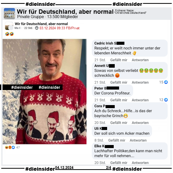 Die_Insider's tweet image. Was die #AfD-Fans von @Markus_Soeder und &quot;seinem&quot; Weihnachtspulli halten! #ErsterAdvent
 
#LautGegenRechts #NiemalsAfD 
#Xmas #Weihnachten2024
#WirSindDieBrandmauer #GemeinsamGegenHass 
#DieInsider
 
x.com/Markus_Soeder/…